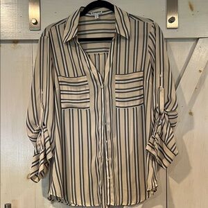 Express Women's Button-Down Shirt - Black and Cream Stripes